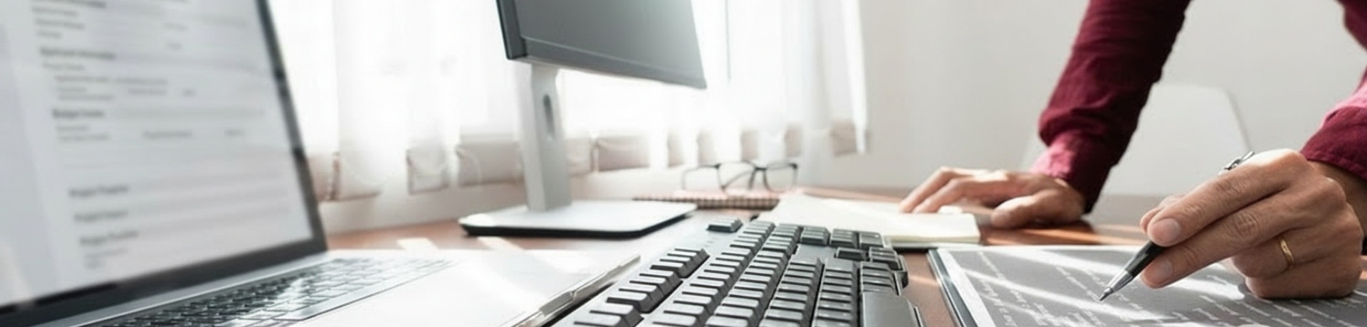 How to Write a Strong Needs Statement for Healthcare Grant Applications Person in maroon shirt writing notes beside a computer, suggesting work on grant writing applications. Keyboard and monitor visible.